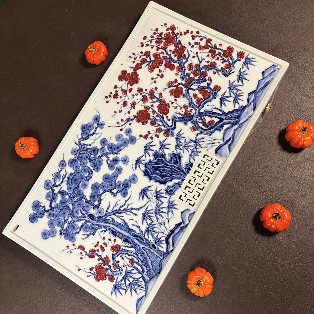 景德镇陶瓷 全手工手绘 青花原矿釉里红松竹梅干湿两用双层泡台