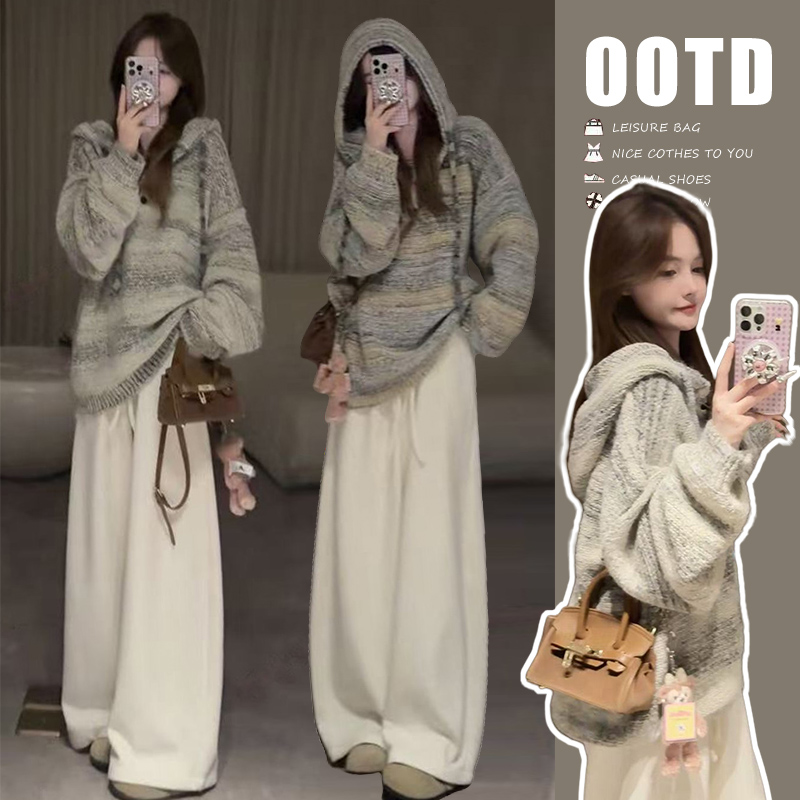 孕妇装新款流行秋季复古渐变高级感连帽毛衣气质套装韩版潮妈穿搭