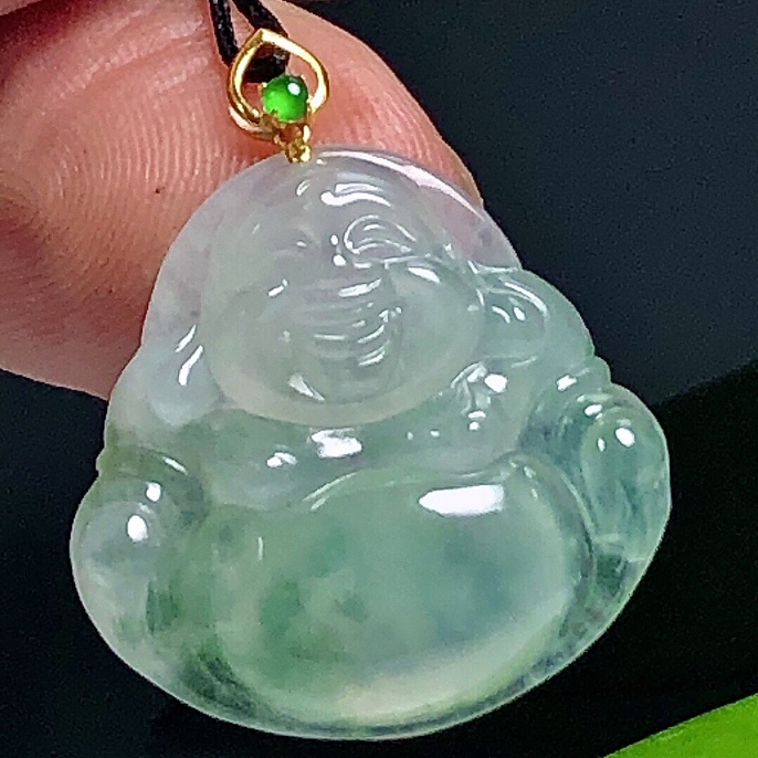缅甸天然翡翠A货18K金扣镶嵌冰种飘花佛公小吊坠挂件气质翡翠佛公