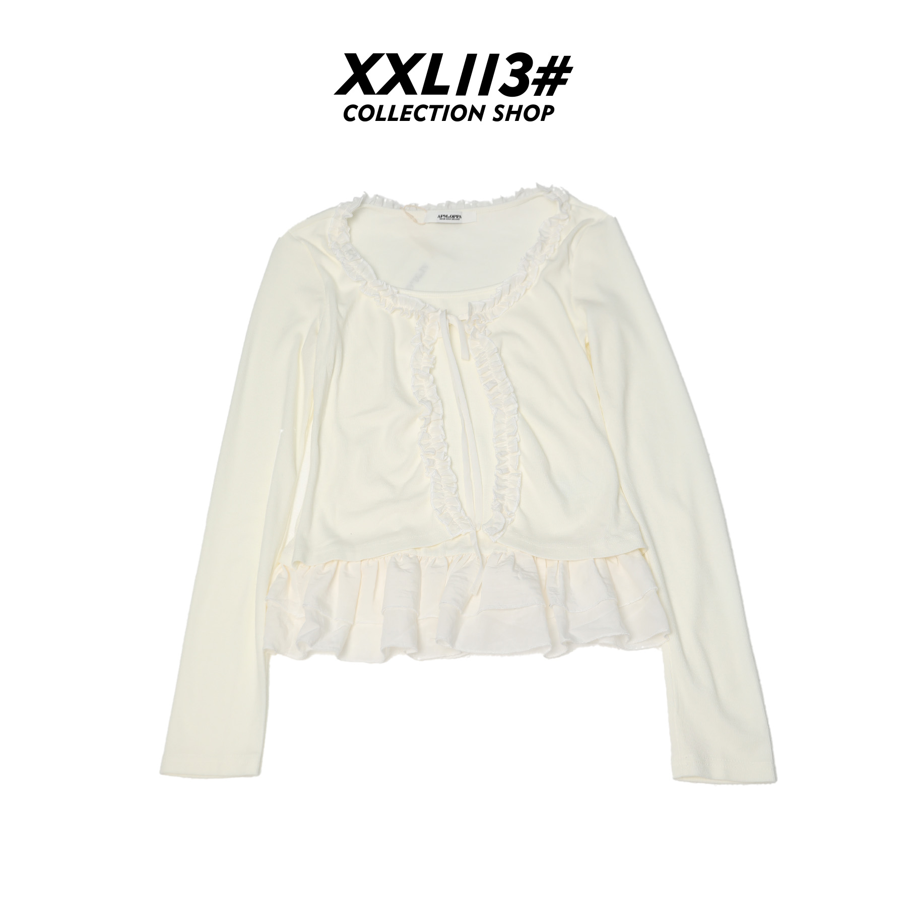 113* CENTRALIZED SHOP拼接木耳边长袖法式拼接修身T恤X5F27H6663