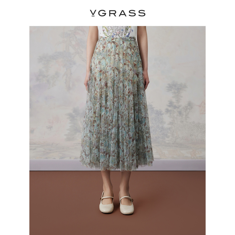 VGRASS印花网眼布半身裙夏季新款艺术家联名花型纱裙VSB2P2119C