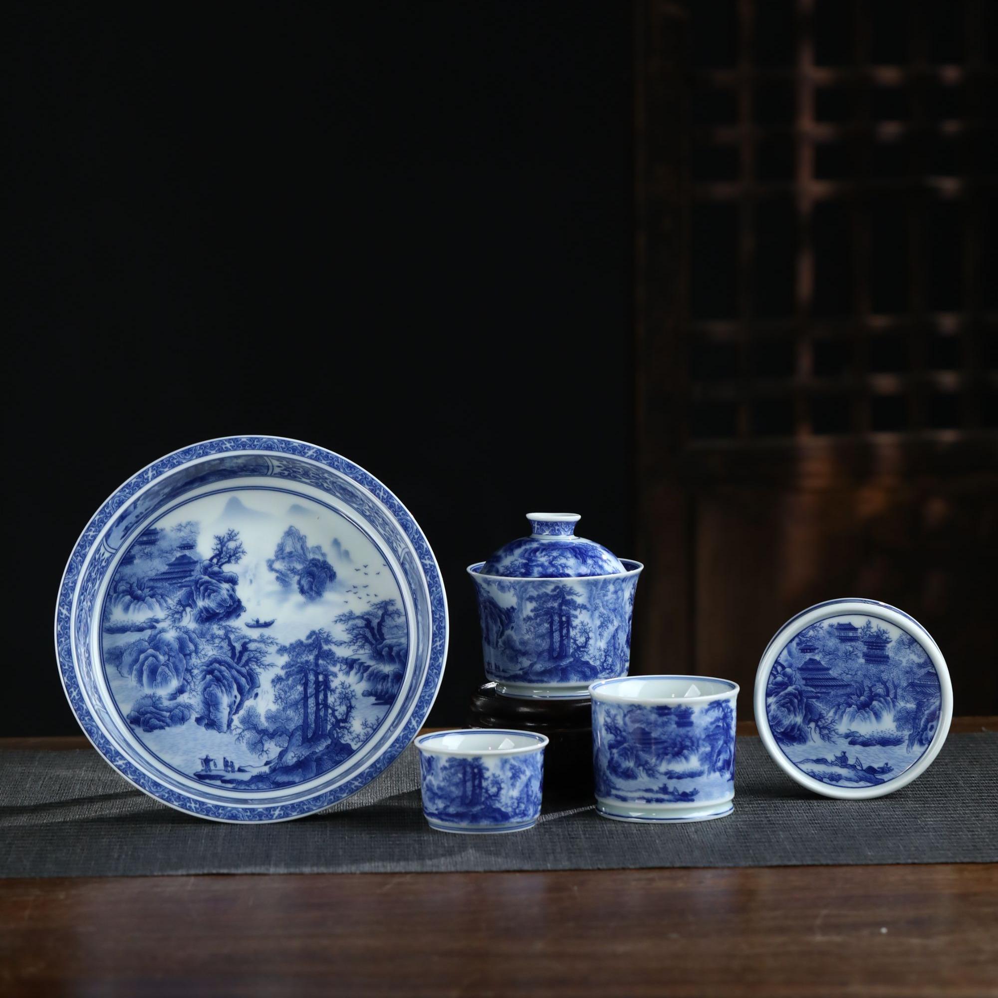 景德镇青花釉下重工山水春山图花纹五件套套装中式陶瓷礼盒装