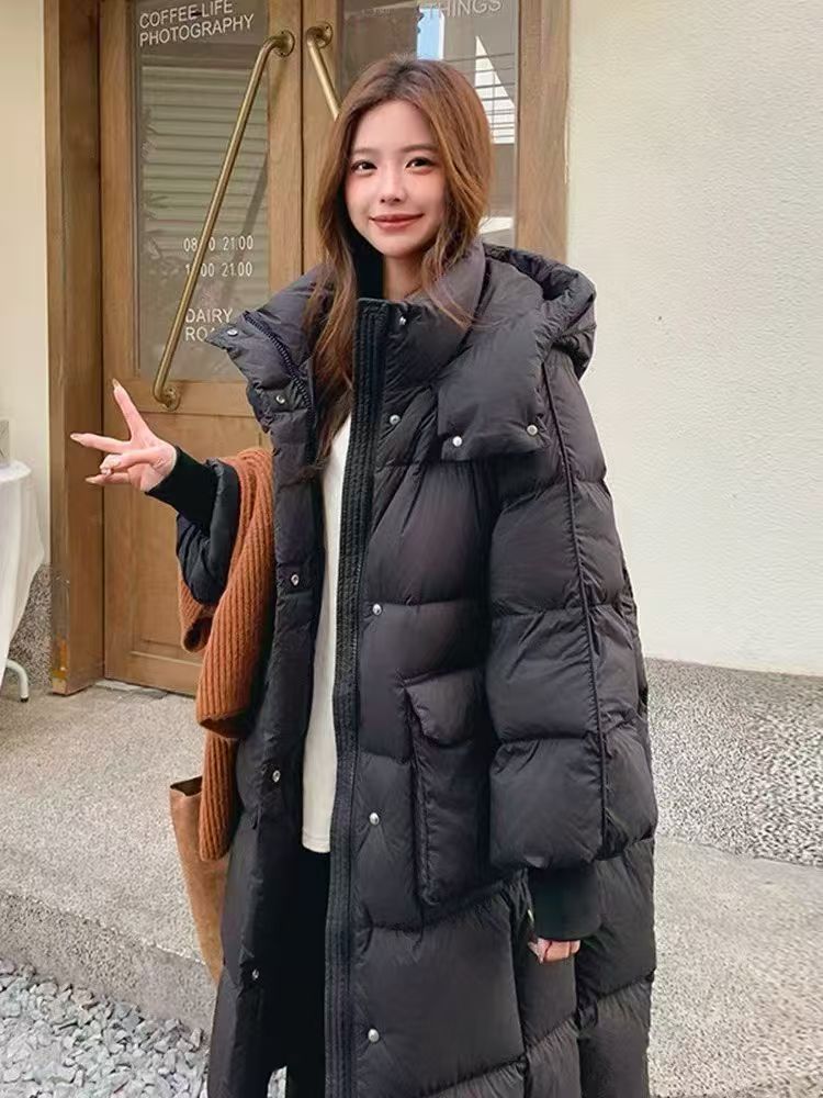 【葛行长定制】秋冬女式潮流中长款保暖连帽宽松型带兜羽绒服