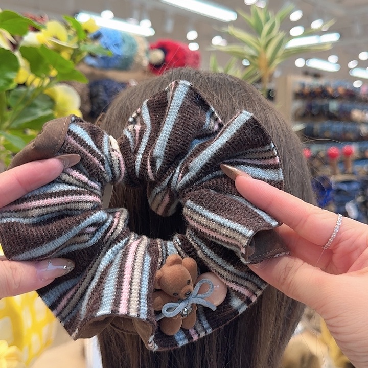 布艺非金属咖粉条纹小熊发圈
