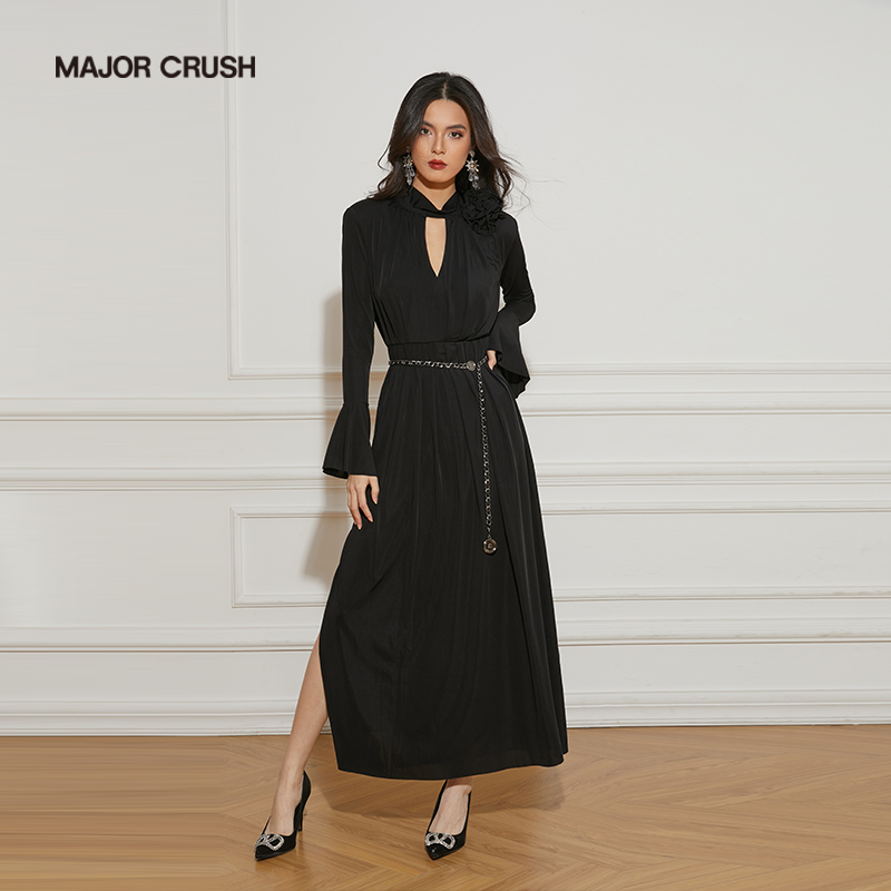 MAJOR CRUSH法式新款复古玫瑰女装连衣裙灰气质长袖优雅设计5354
