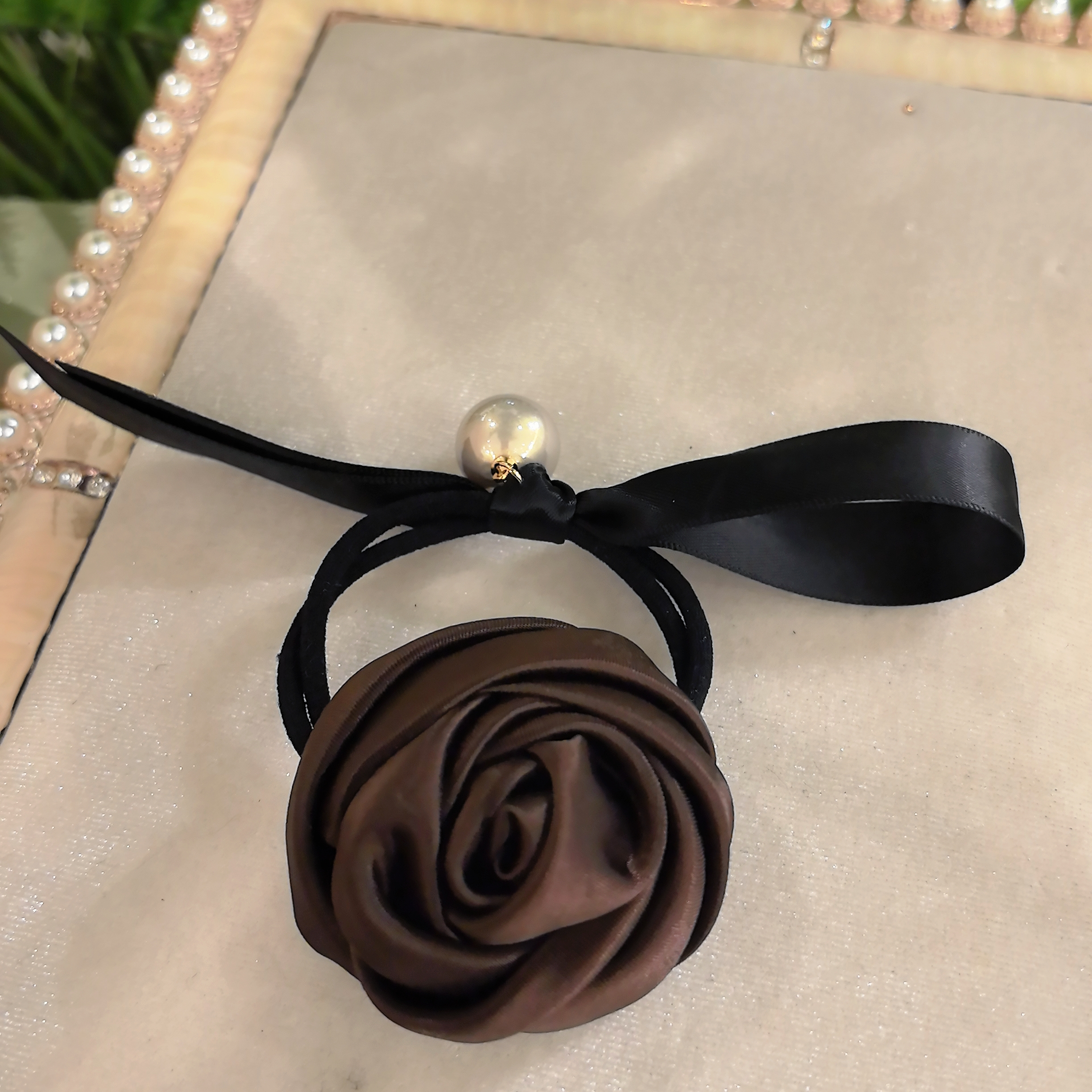 韩系新款精致深咖色手工玫瑰贝珠蝴蝶结丝带百搭发绳WM-504