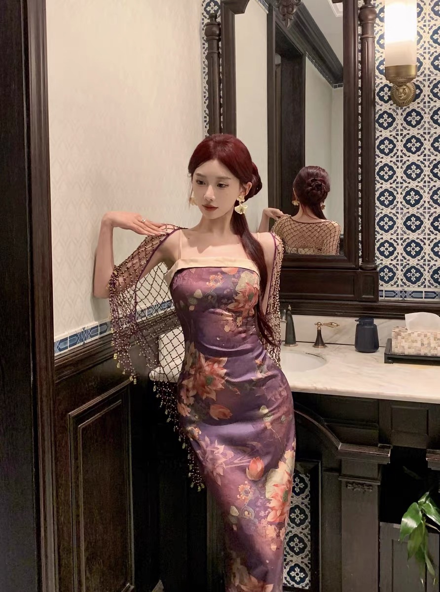 魅惑紫莲~复古新中式改良收腰包臀旗袍长印花碎花吊带连衣裙套装