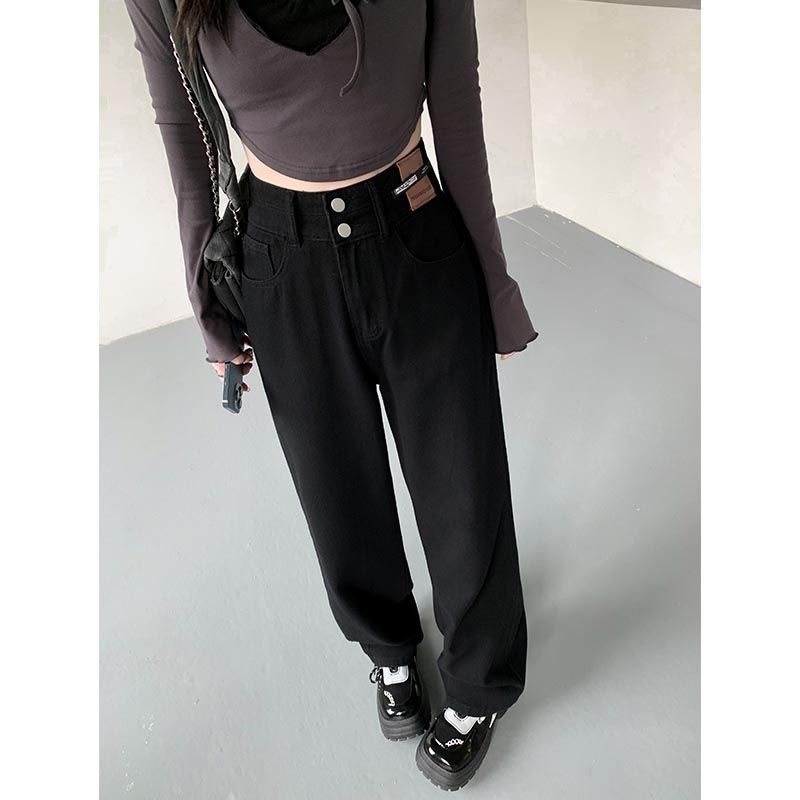 阔腿牛仔裤女窄版直筒宽松显瘦设计感双排扣超高腰垂感拖地裤cp