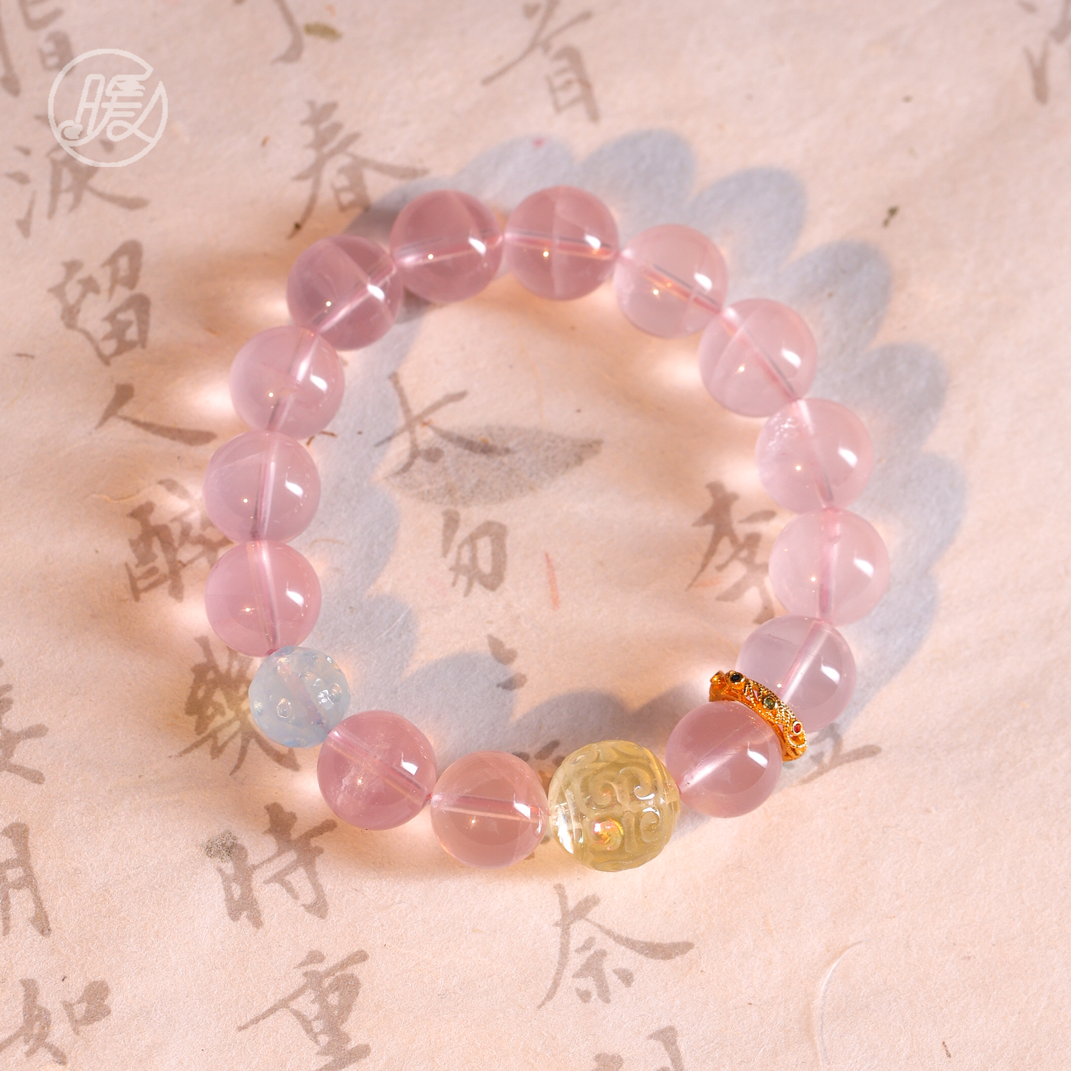 单圈粉水晶手串搭配雕刻路路通甜甜圈手链G1606多样性发一