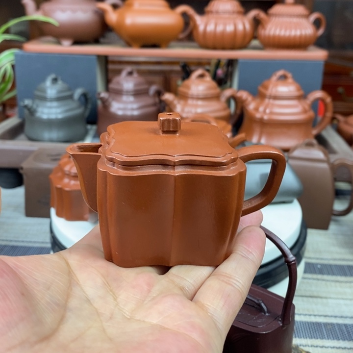 紫砂茶壶四方筋纹汉瓦80cc原矿赵庄朱泥