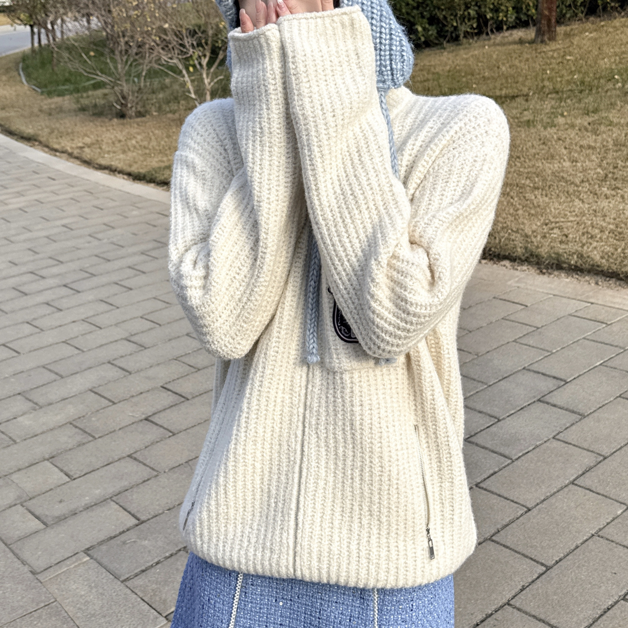 秋冬慵懒风加厚保暖针织衫女简约休闲拉链毛衣