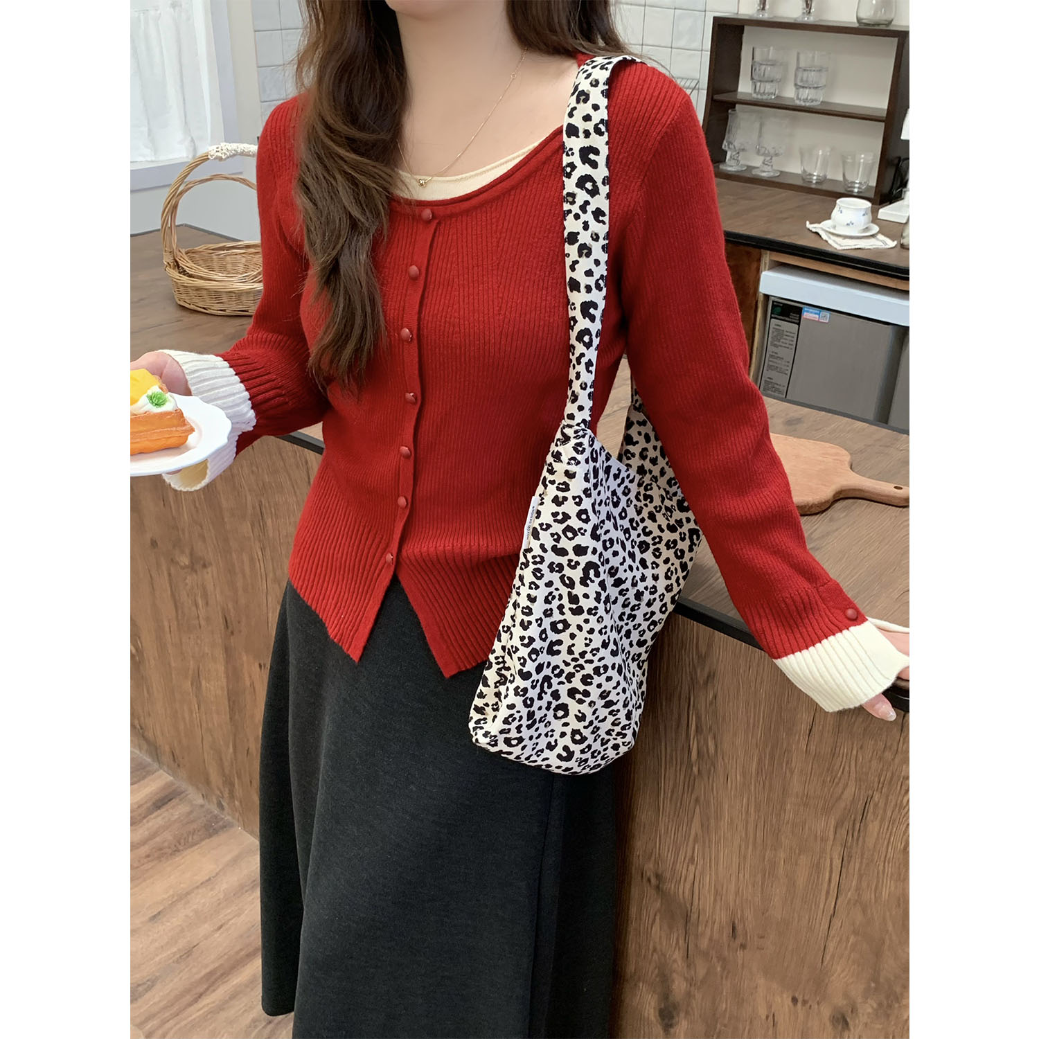 现货1293X大婉酱千千微胖定制 冬季德绒红毛衣氛围感假两件女上衣