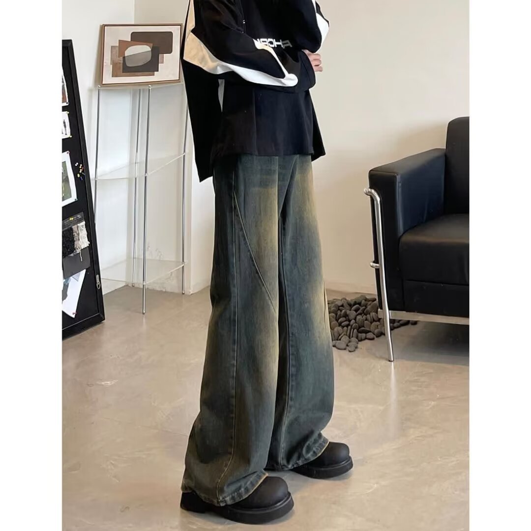 春秋季美式复古牛仔宽松痞帅休闲阔腿裤潮牌ins高街微喇裤子男女