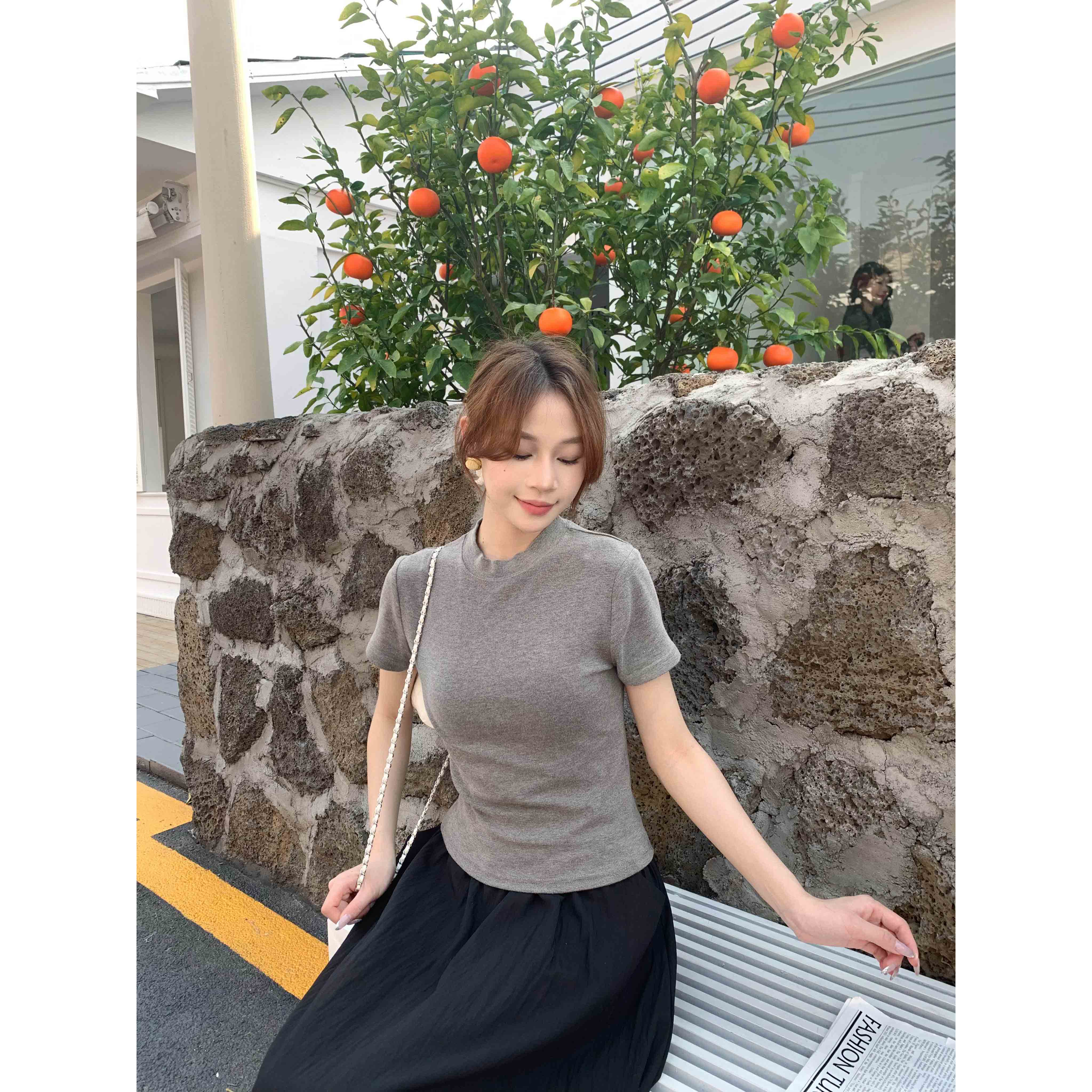 【小爽小个子】夏季新款休闲百搭极简纯色体恤上衣-YJ9990