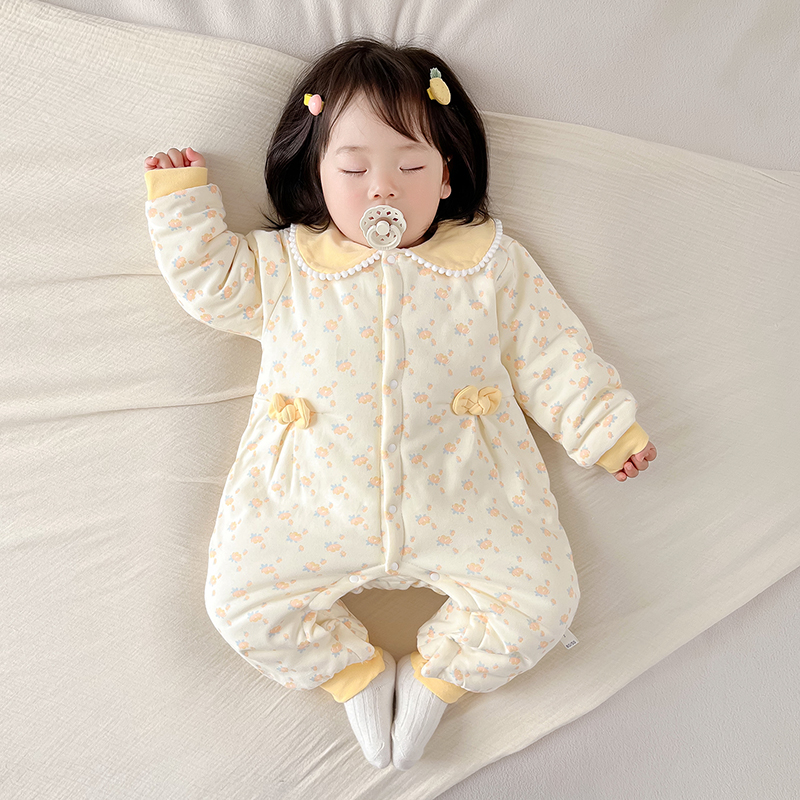 150克 婴儿衣服春秋冬季夹棉连体衣哈衣爬服薄棉衣女宝宝棉衣