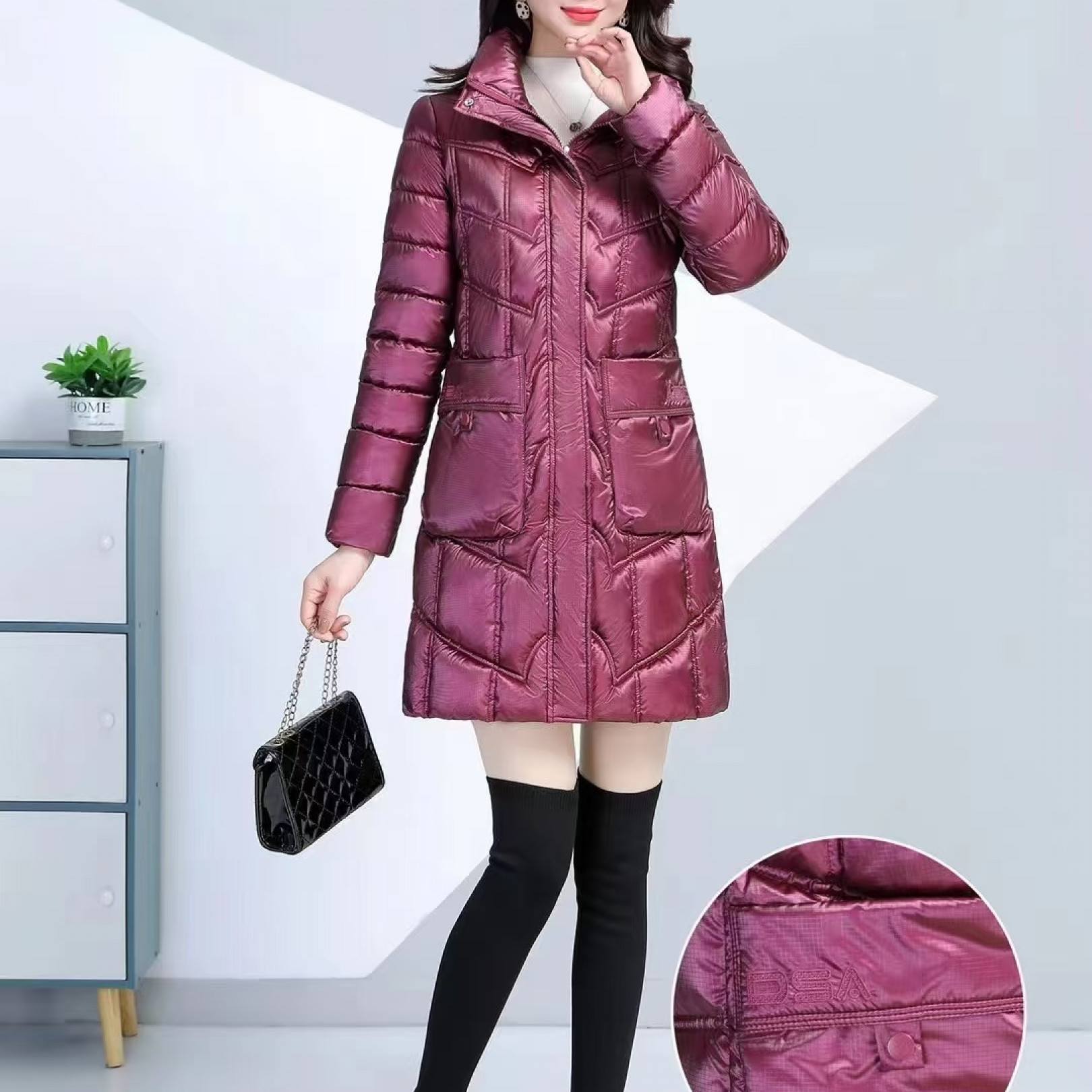 11868-红 女棉服中老年新款中长款长袖纯色宽松冬季保暖外套【A仓】