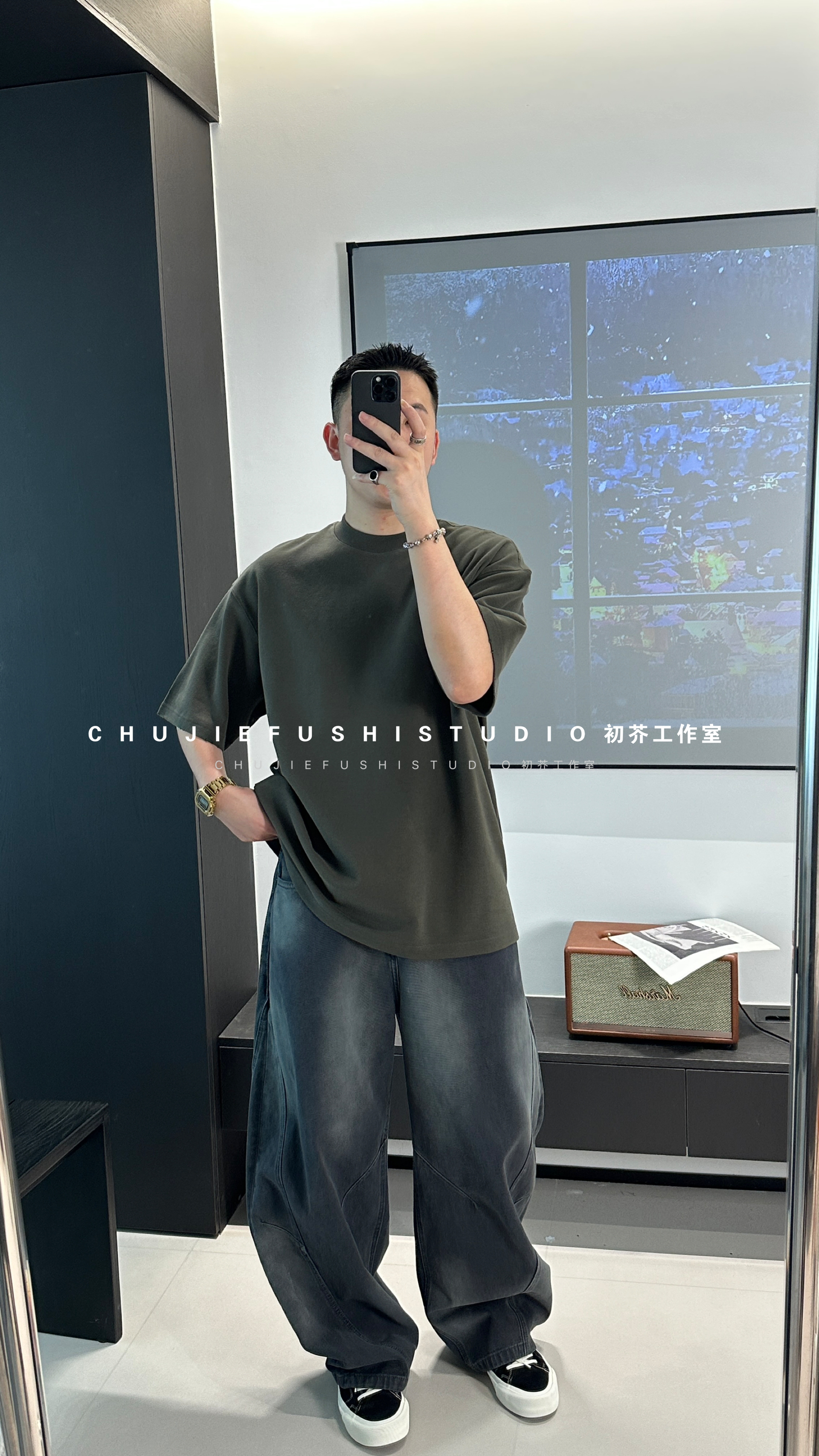 CHUJIE早秋韩版重磅纯色微宽松短袖T袖