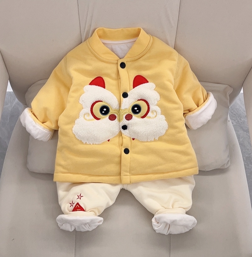 冬季年款棉衣套装儿童拜年服喜庆醒狮薄棉两件套宝宝百天周岁衣服
