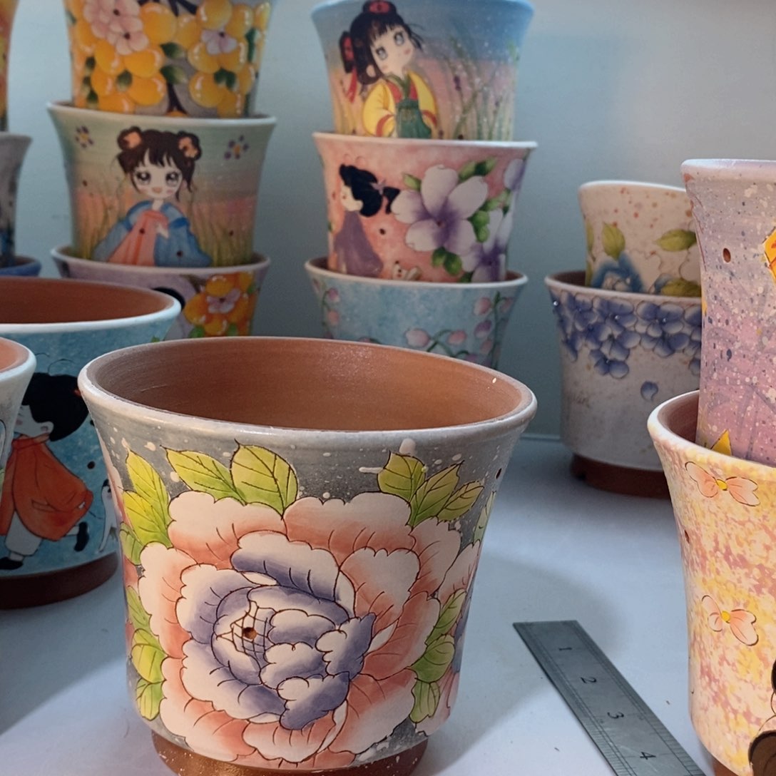 紫砂花盆红陶手绘花盆