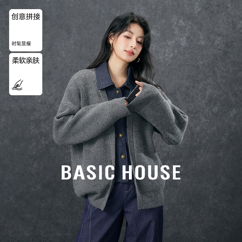 Basic House/百家好秋季新款简约衬衫拼接假两件毛衣-B06245I0862