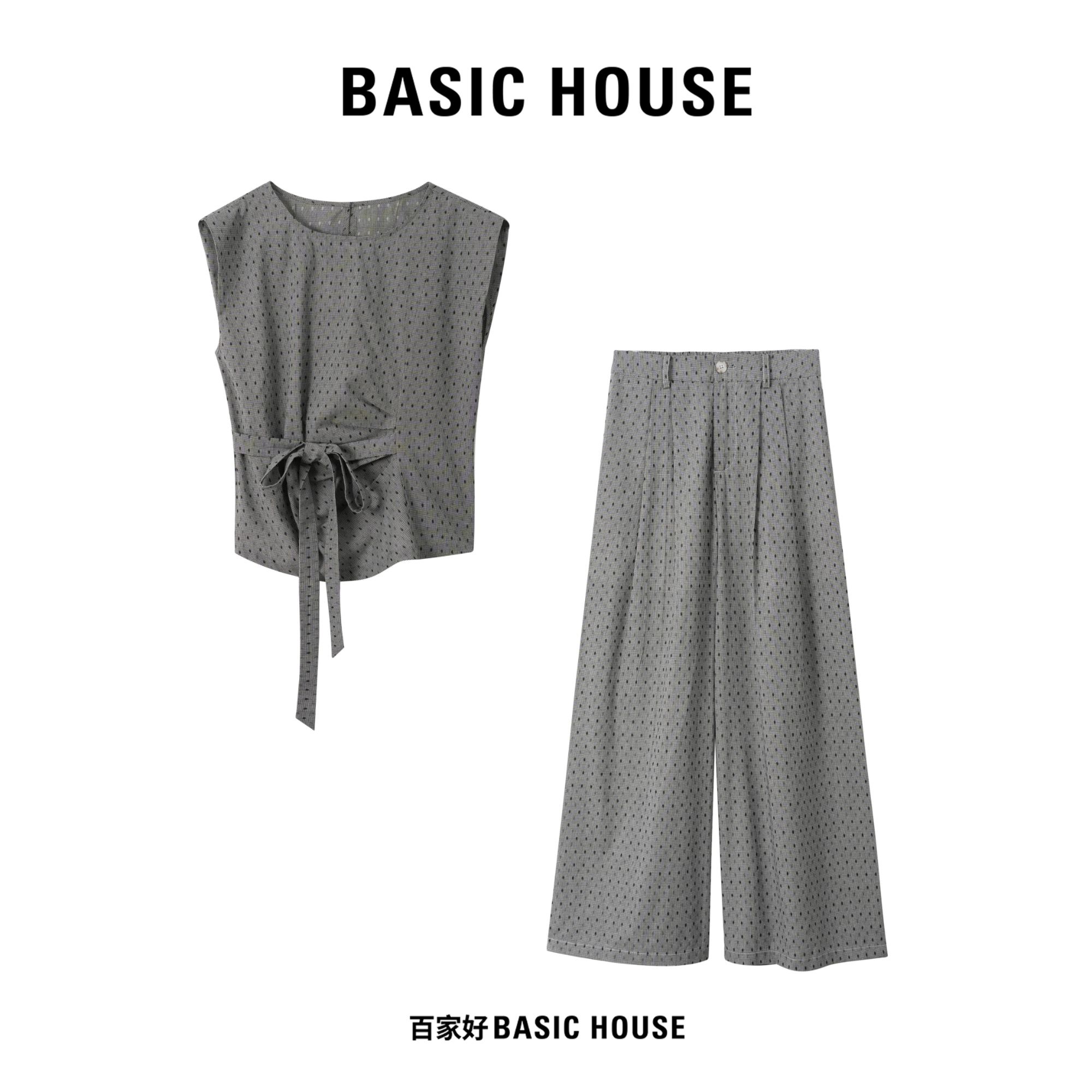 Basic House/百家好2025夏季新款捏褶绑带波点圆领套装A692XX