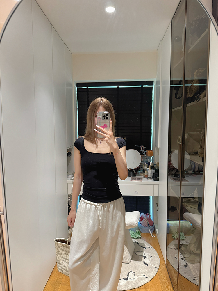 【极简row 】莱赛尔天丝高弹黑色挖领短袖660