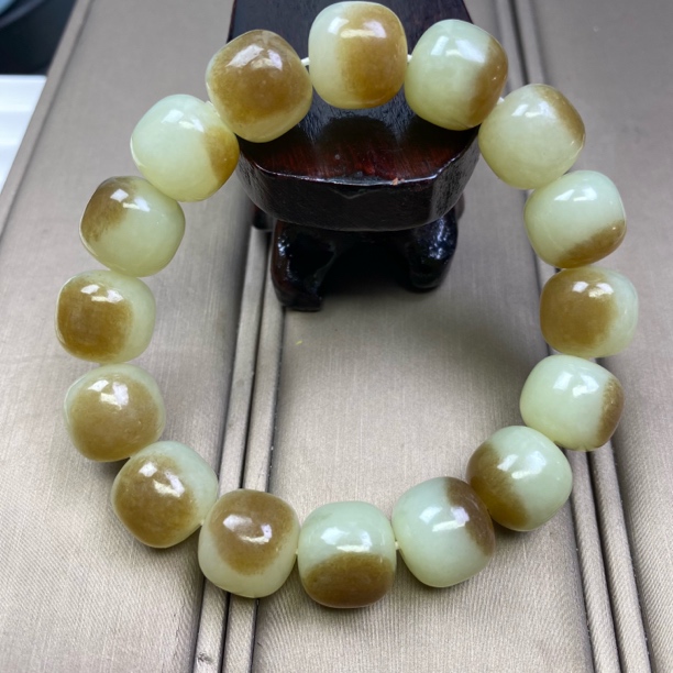 天然和田玉14mm老型珠手串新疆且末黄口飘糖一口糖油润一物一证