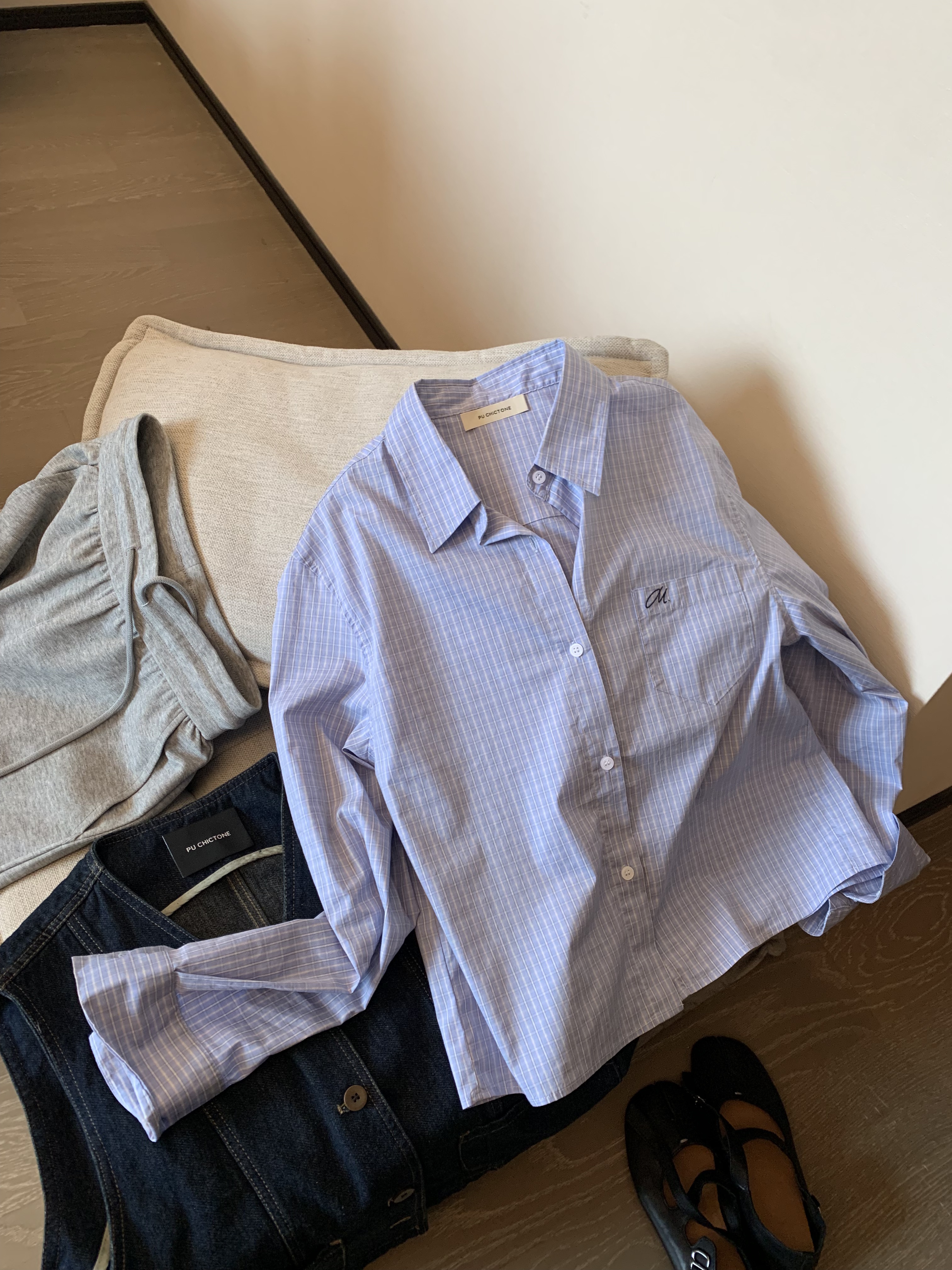 【朴大艺】苏格兰情书  韩系刺绣Polo领宽松高级感衬衫上衣（孤品）