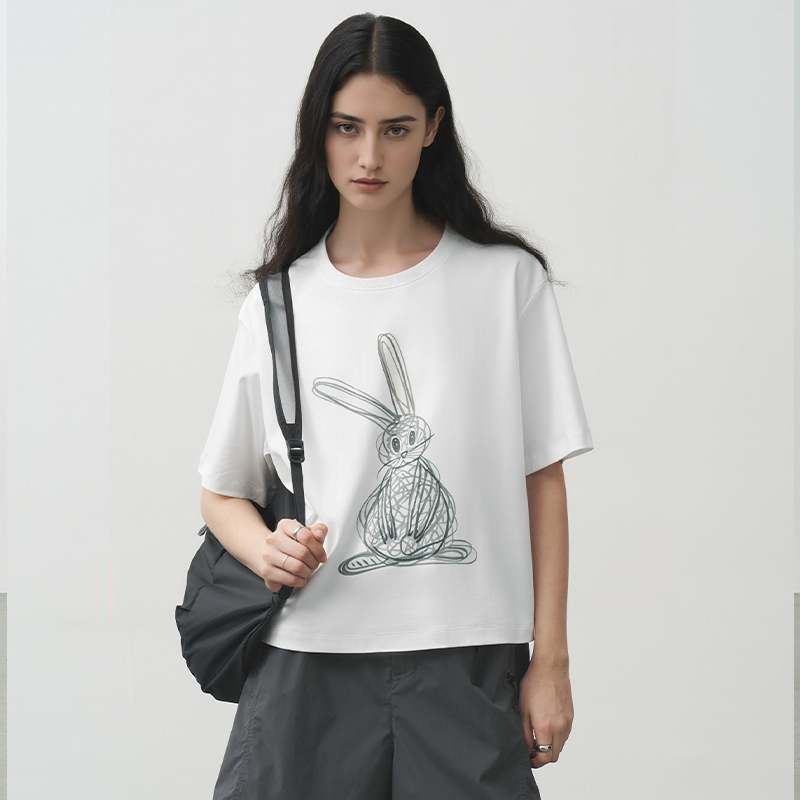 半圆女装[复古]2025夏季四色宽松休闲圆领短袖印花t恤女25137619