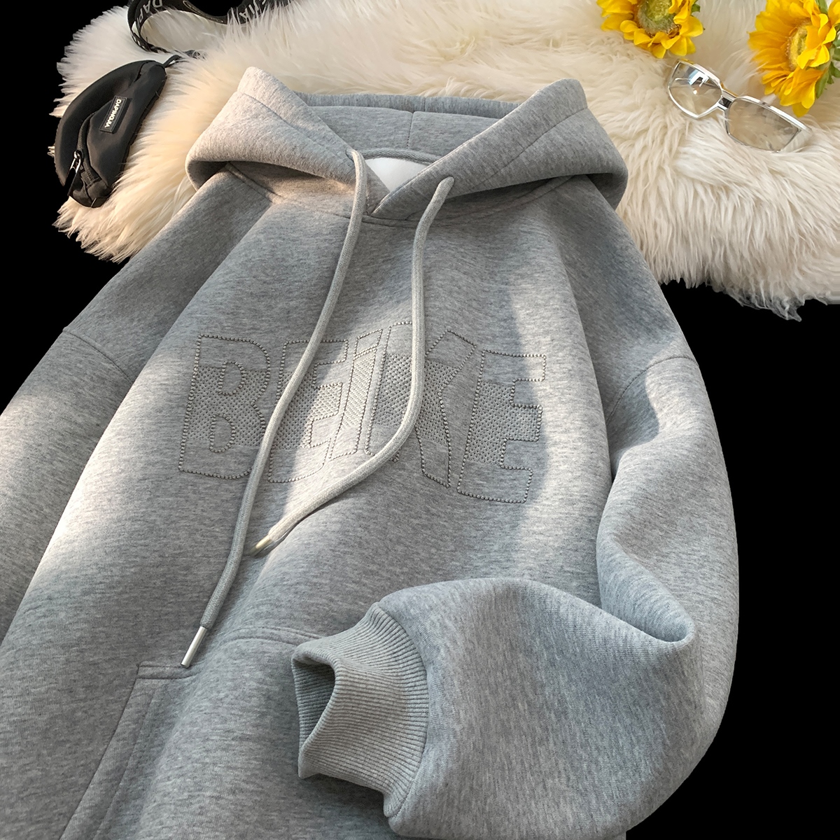 BBXX 秋冬重磅500g加绒加厚美式字母刺绣连帽卫衣男宽松慵懒外套