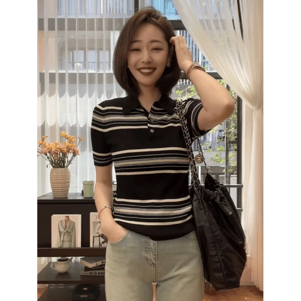 冰丝条纹短袖T恤女2025新款春季大码遮肉针织polo衫气质半袖上衣