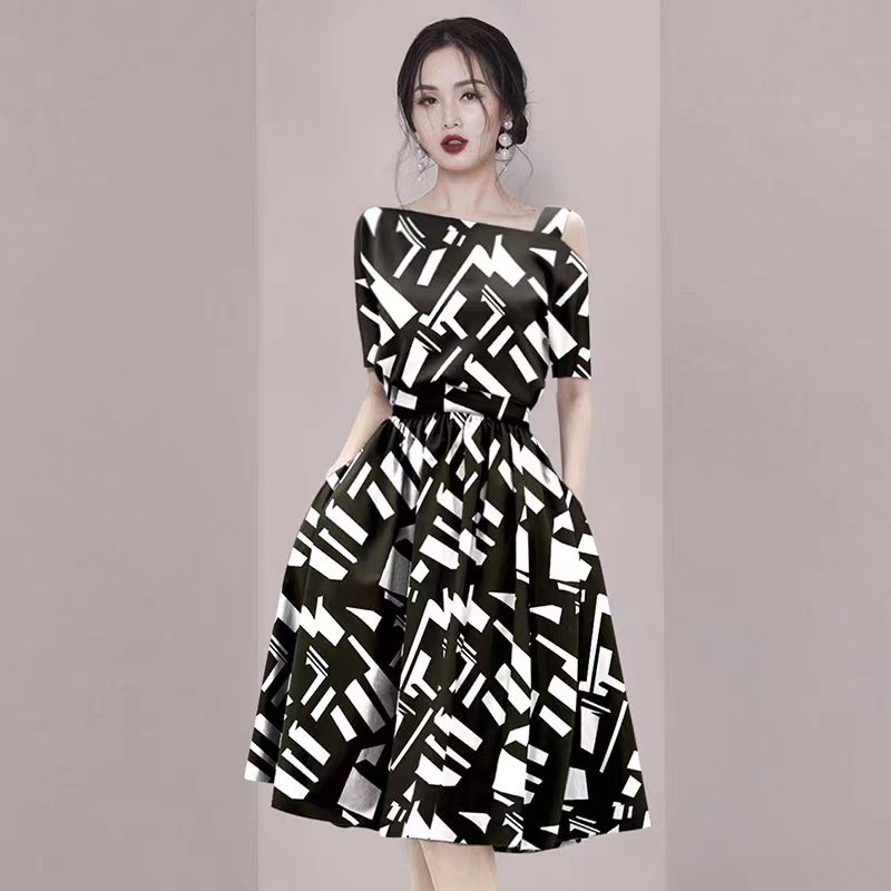 黑色斜领裙子复古泡泡袖时尚显瘦洋气中老年女装长裙名媛轻奢