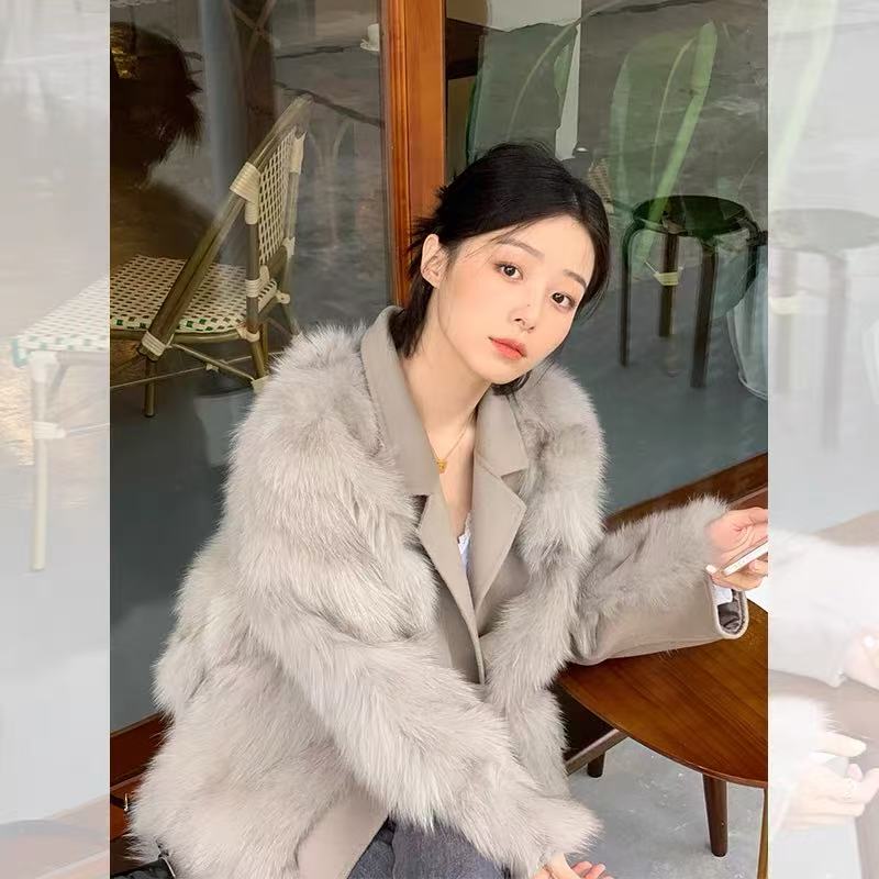 高级感灰色仿狐狸皮加厚小香风外套 女百搭毛毛