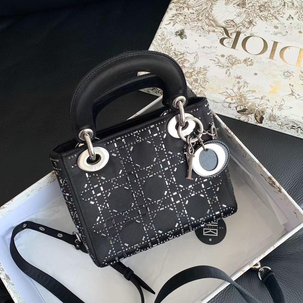 95新 DIOR/迪奥 黑银绸缎钻款三格戴妃包17cm 14182238