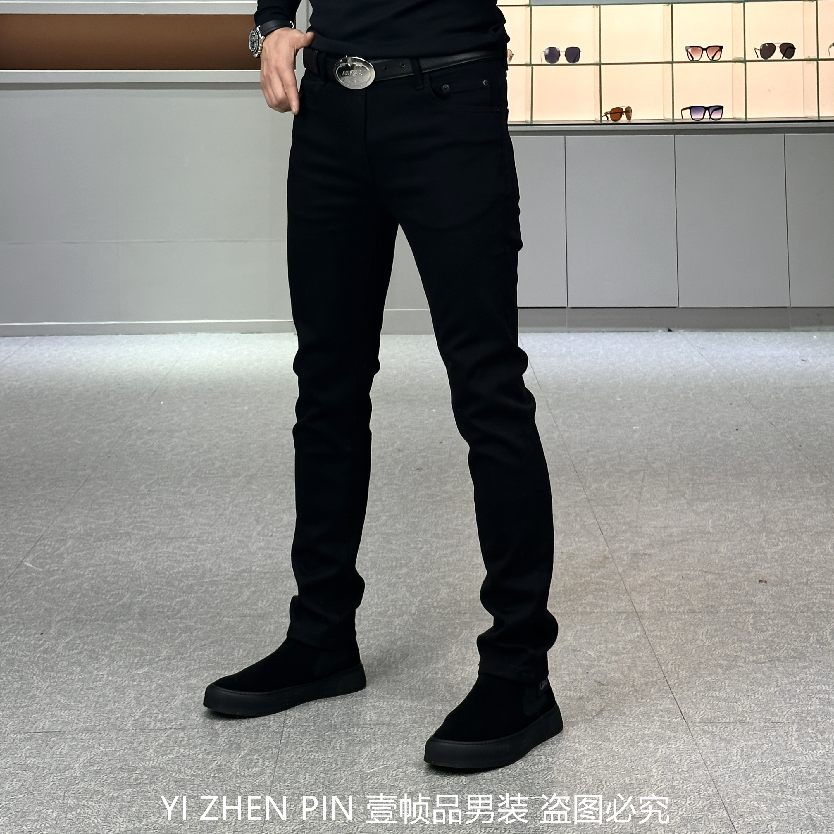 【壹帧品】黑色牛仔裤加绒防褪色小脚修身弹力修身厚款男士裤子