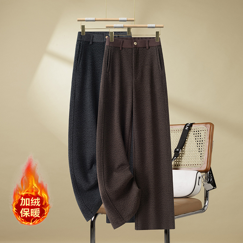 豹纹休闲加厚加绒羊毛窄版阔腿裤2025冬新款女时尚遮肉垂感直筒裤