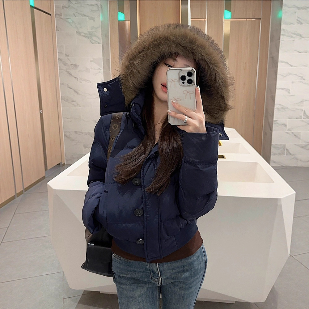 大毛领连帽棉衣派克服短款加厚面包服2025冬夜可拆卸貉子收腰显瘦