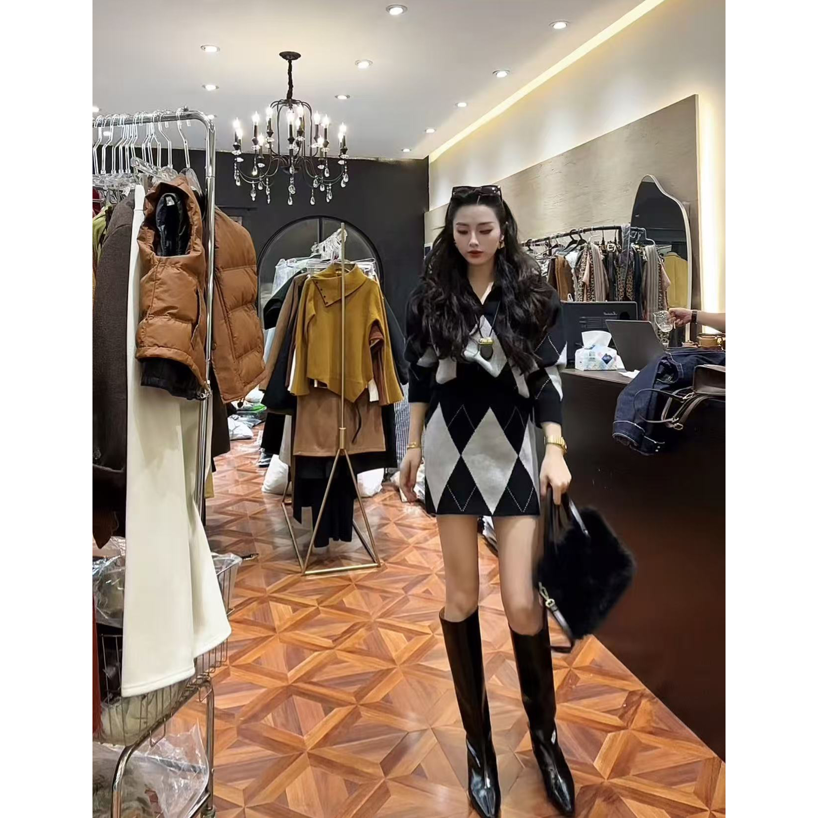 【Wan wan】菱格套头上衣松紧腰短裙套装