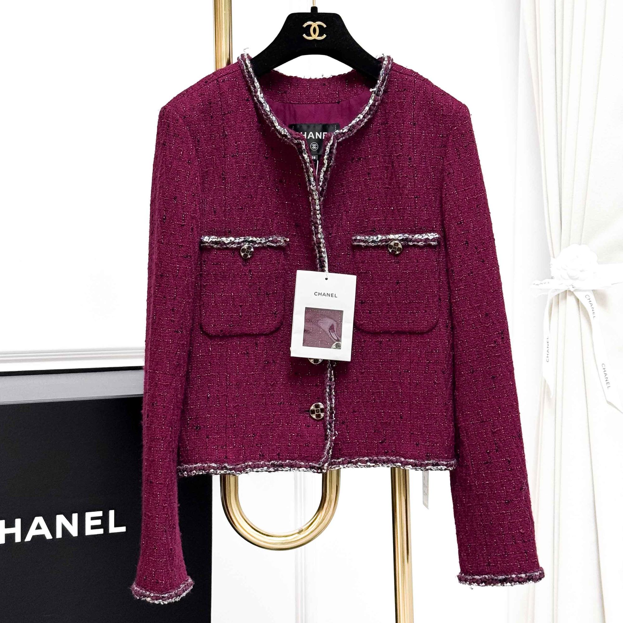 99新 Chanel/香奈儿 38码22A酒红色两口袋银色滚边琉璃扣编织外套