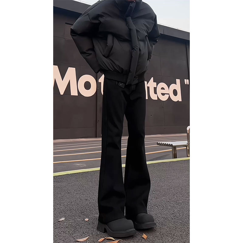 巴黎bootcut弯刀加绒裤子男美式vibe高街cleanfit黑色微喇牛仔裤