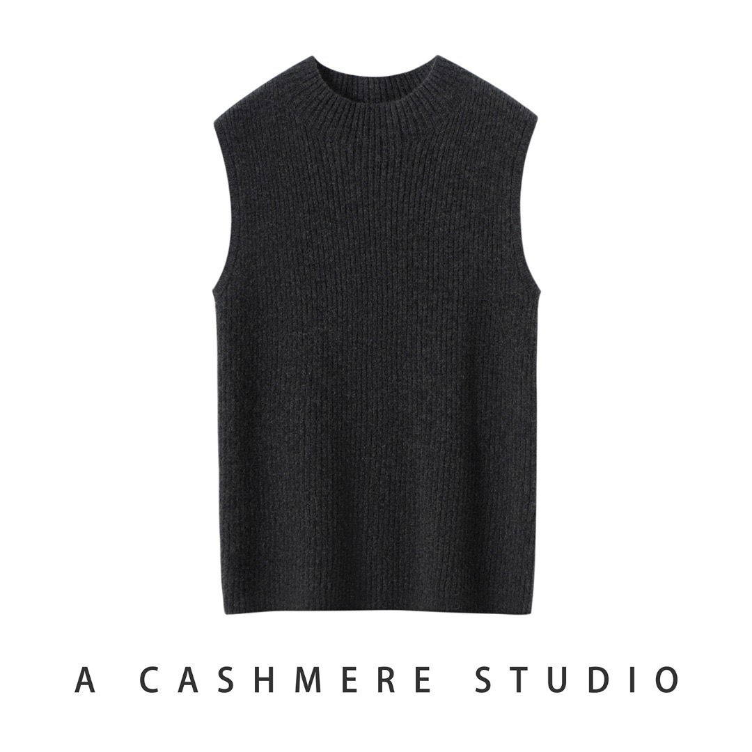 纯山羊绒半高领坑条修身无袖背心