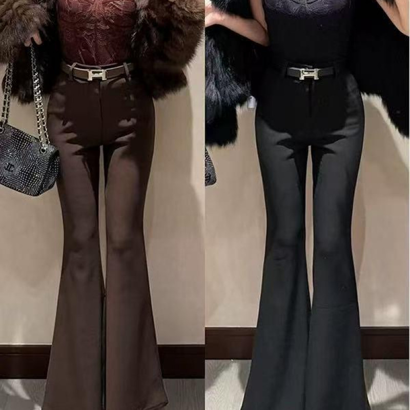 【长腿焦点-带腰带】加绒高腰显瘦老钱风微喇裤修身弹力休闲百搭女