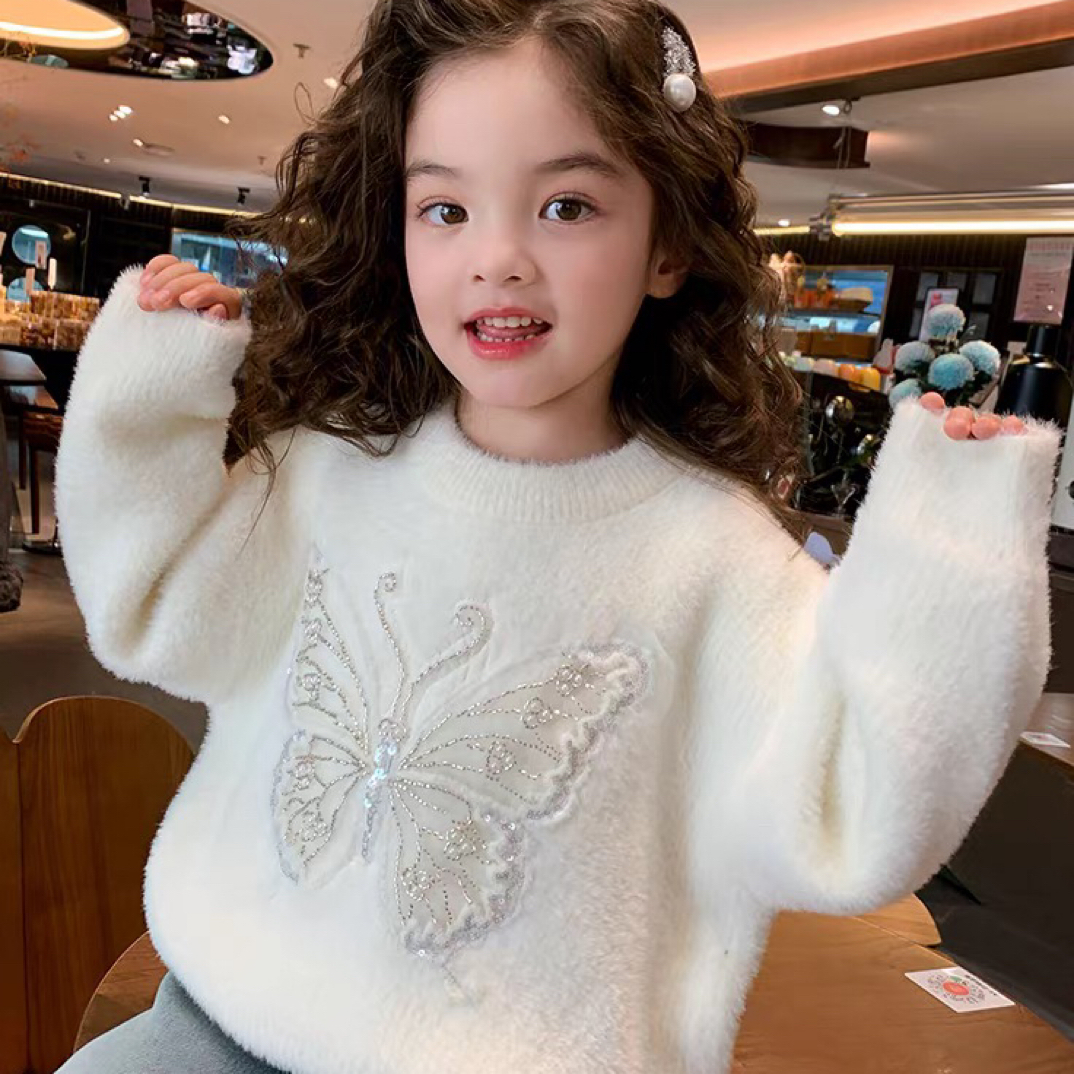 新款水貂绒针织衫女童毛衣加厚圆领加绒宝宝不起球公主风厚款秋冬