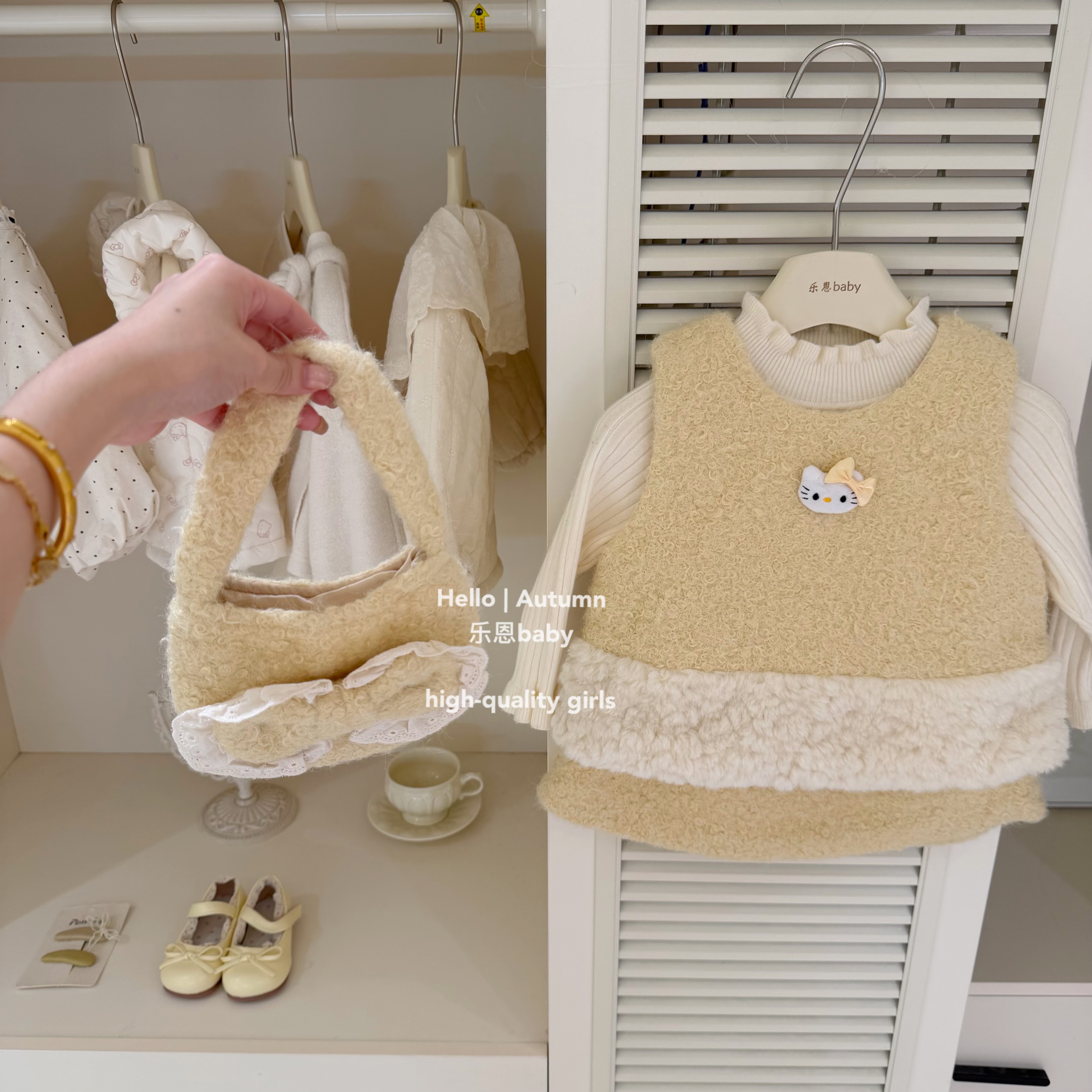 【乐恩童装】原创设计秋冬女童小香风黄色马甲半身裙韩版时髦套装