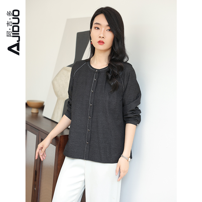 阿吉多复古气质黑色长袖衬衫女春秋新款高级通勤衬衣明线装饰上衣