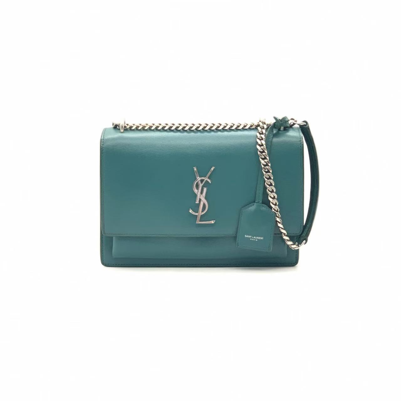 95新 YSL/圣罗兰 绿银中号日落链条包