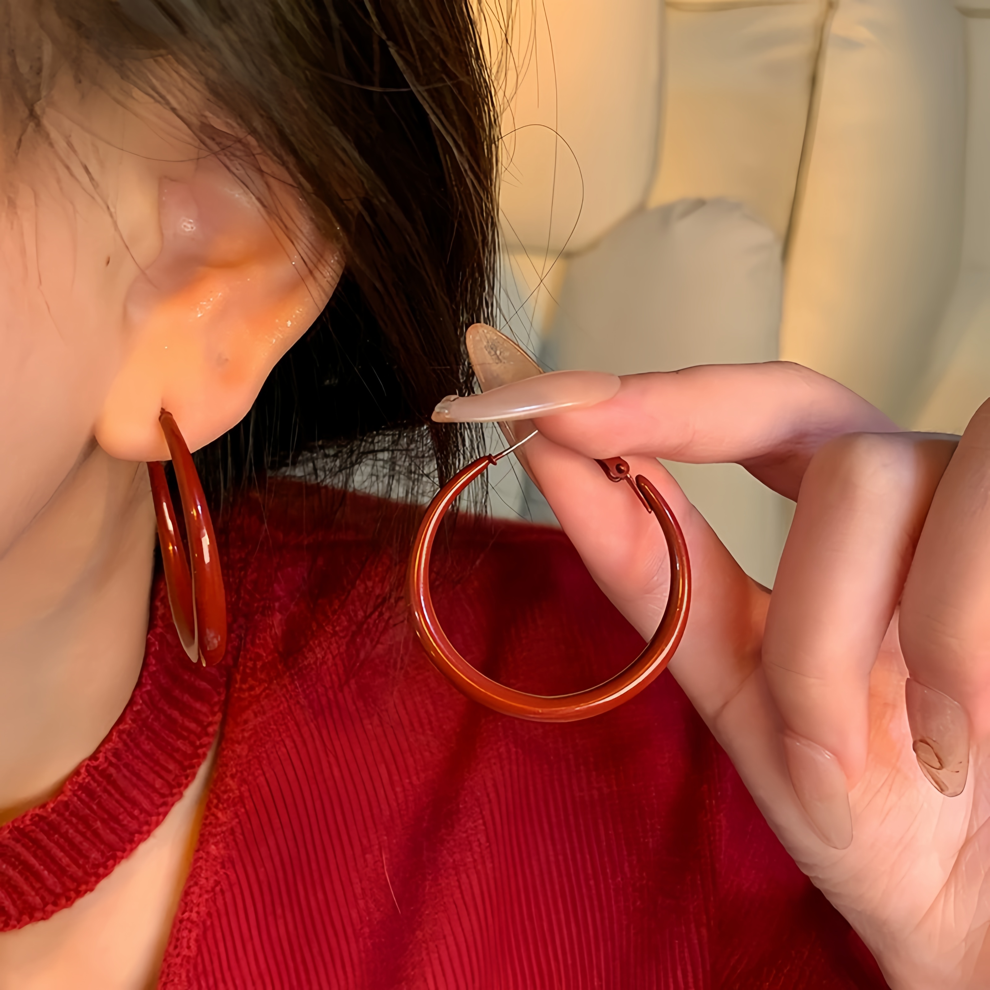 925银耳饰 气质安可拉红圆圈耳扣复古港风红色滴釉耳圈