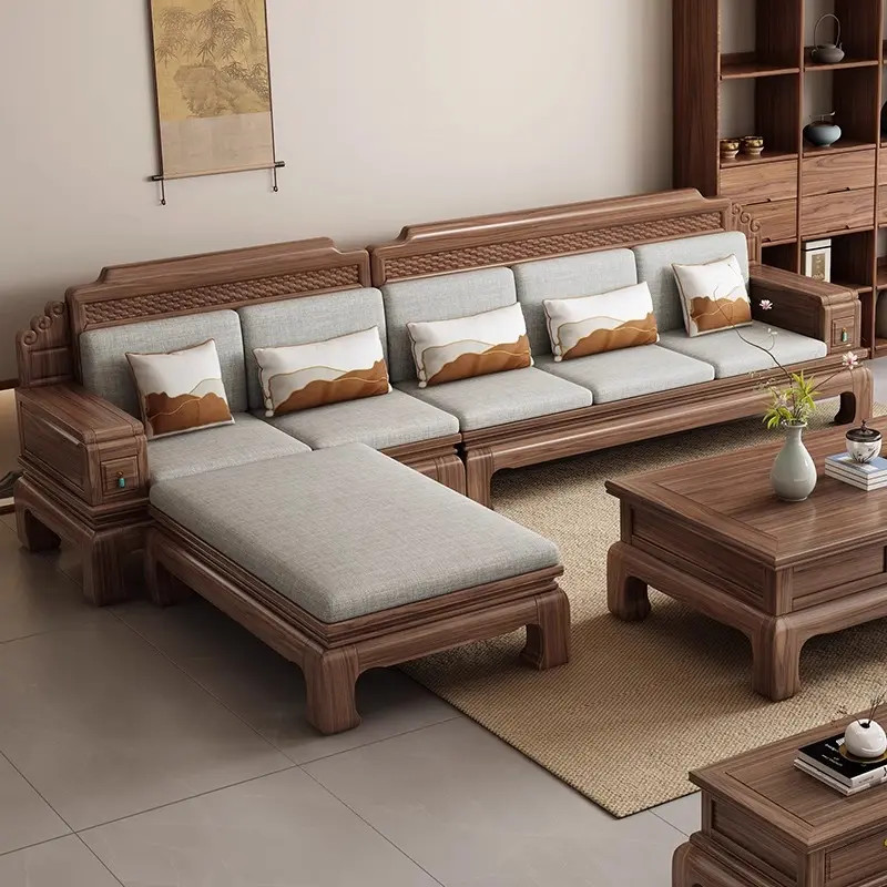 北美黑胡桃木沙发新中式客厅组合禅意简约冬夏两用实木沙发小户型