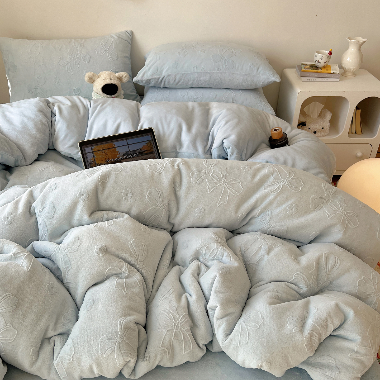 猫咪日记博主风蝴蝶结立体雕花牛奶绒四件套保暖被套床单三件套