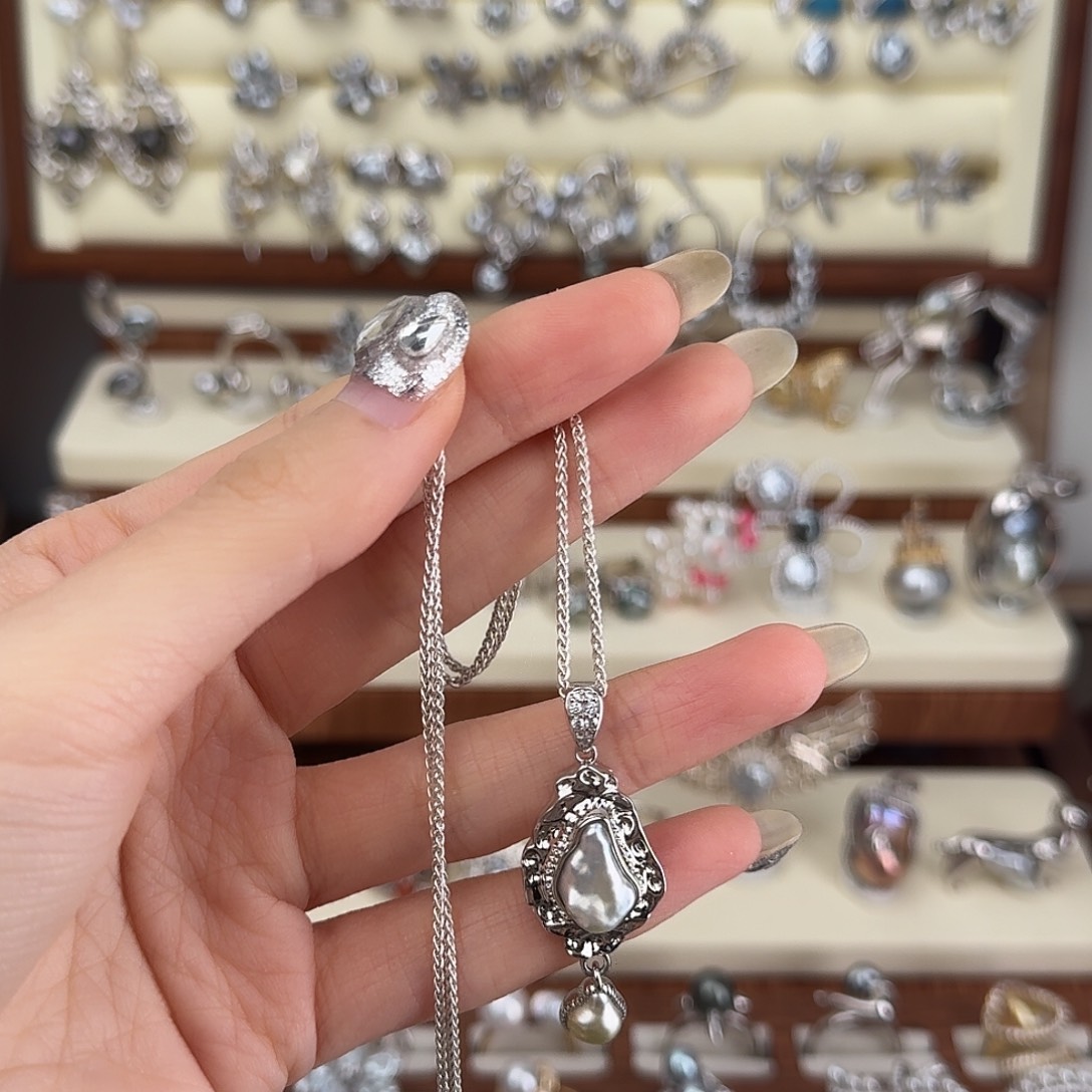 萌***牙银S925镶嵌海水珍珠项链项链可调节